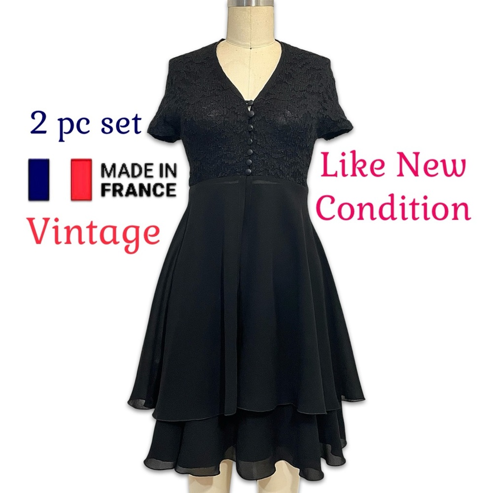 Vintage Jaune Paille Made in France stretch Black Lace 2 pc set skirt top size 1